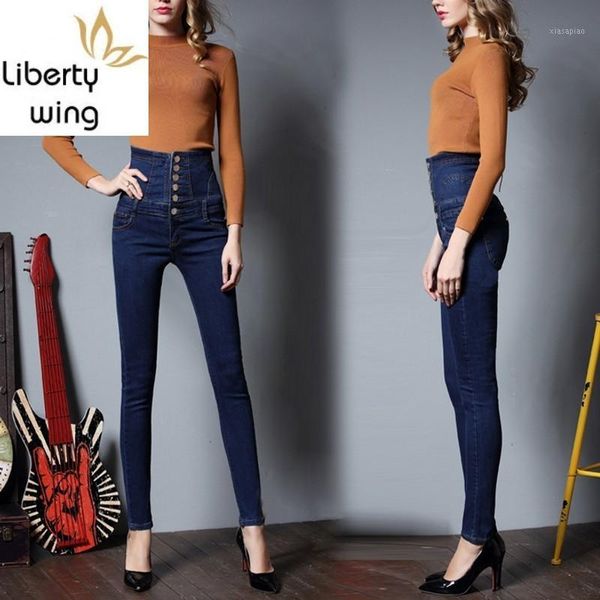 

women's jeans elegant ladies high waist fashion streetwear slim fit denim back lace up bounce distrressed button big size s 6xl trouser, Blue