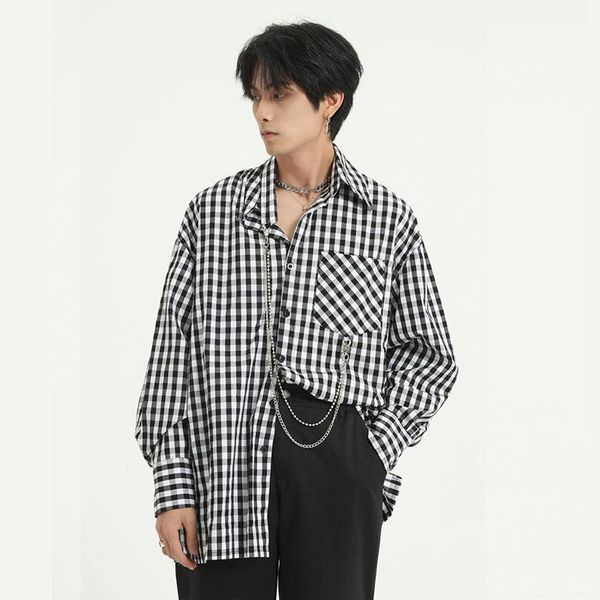 

new men casual long sleeve plaid shirt contain chain male streetwear hip hop vintage fashion loose shirts, White;black