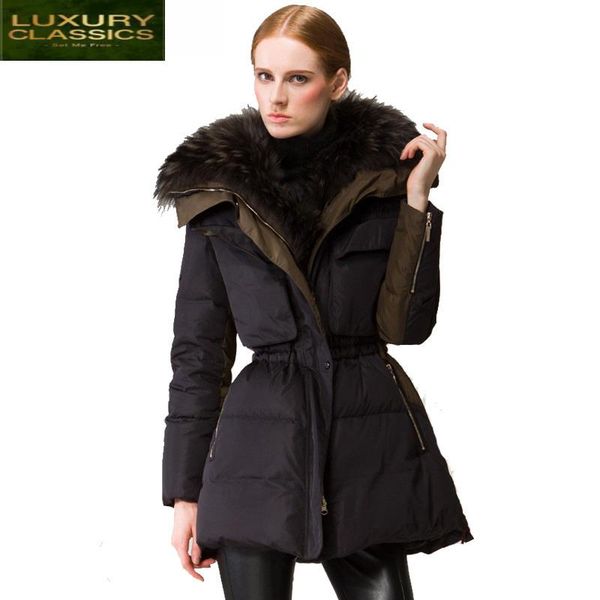 

large european natural luxury raccoon fur 2021 duck down long jacket women parka thick hooded slim female overcoat lx1327, Black