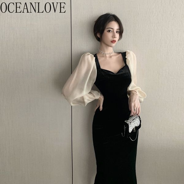 OCEANLOVE Abiti da donna vintage francesi Velour Manicotto a lanterna Patchwork Abito sexy Abiti Hiver Slim Abiti eleganti 18947 210309