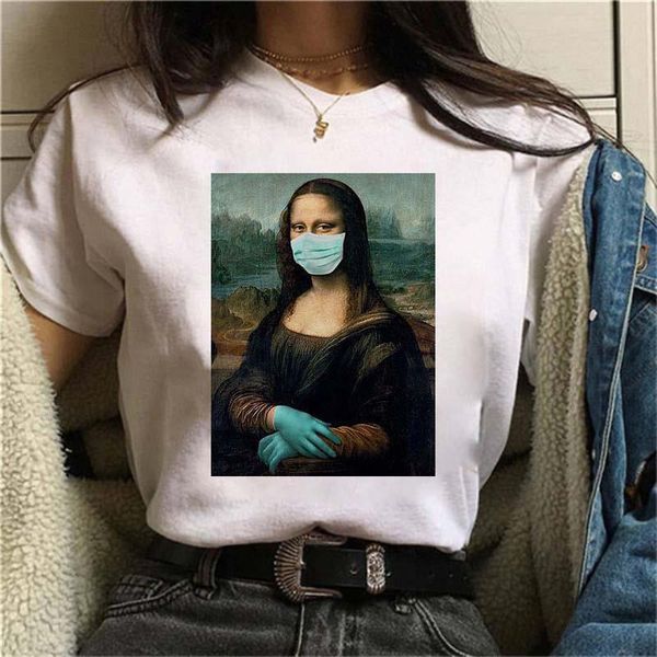 

mona lisa mask aesthetic harajuku t shirt women ullzang vintage graphic t-shirt funny cartoon 90s tshirt korean tees female, White