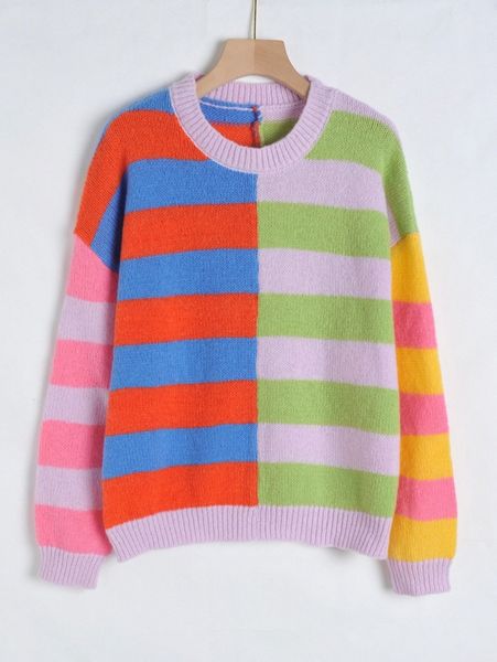 

plus block stripe pattern drop shoulder sweater e63l#, Black