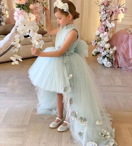 

lovely tulle flower girl dresses for weddings high neck sleeves sweep train 3d floral applique communion dress girls pageant gowns, White;blue