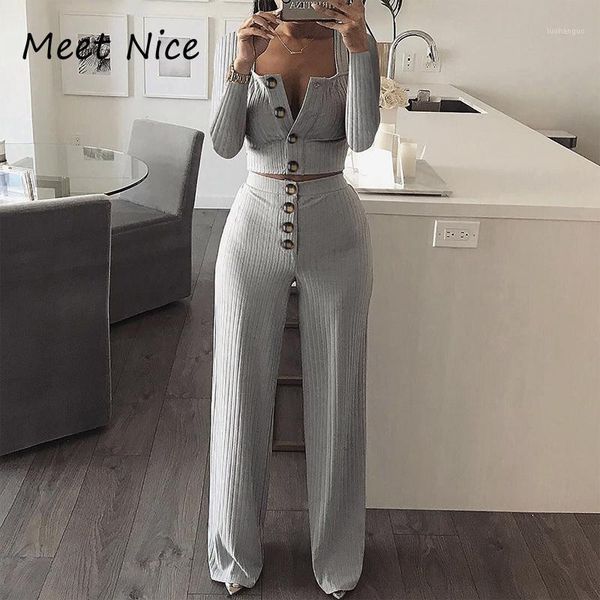 

ribbed 2 two piece set women's sets conjunto feminino women crop and pants suit long sleeve casual short clubwear sets1, White