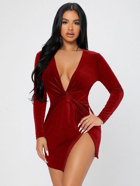 

petite twist front wrap velvet dress w7c0#, Black;gray