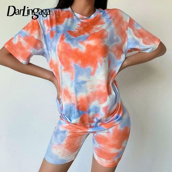 

darlingaga streetwear tie dye two piece set tracksuit women fashion workout summer and biker shorts oufits matching sets new 201104, Gray