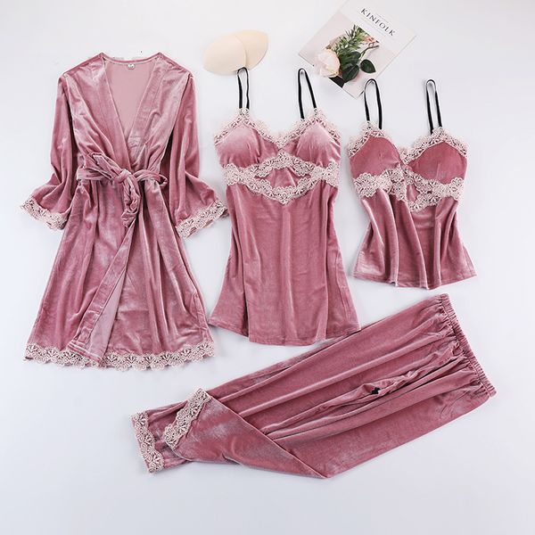 

gold veet pajamas set 4 piece sets long sleeve night lace trim velour spring autumn warm winter sleepwear women suit, Black;white