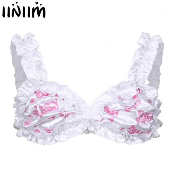 

mens bra gay male lingerie underwear party tanks sissy letter printed frilly ruffled straps wire-unlined bra, Red;black