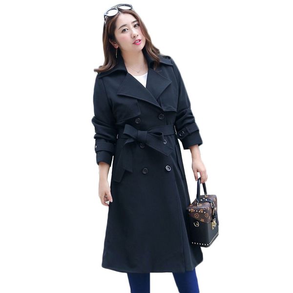 

2021 new plus size women clothing black trench coats autumn golden double breasted causal female windbreaker spring long overcoat outwear 22, Tan;black