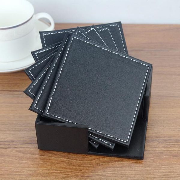 

mats & pads set of 6pcs square leather cup pu coasters mat with holder home drink bottle durable coffee