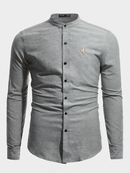 

men mock neck embroidery bird shirt s8o4#, White;black