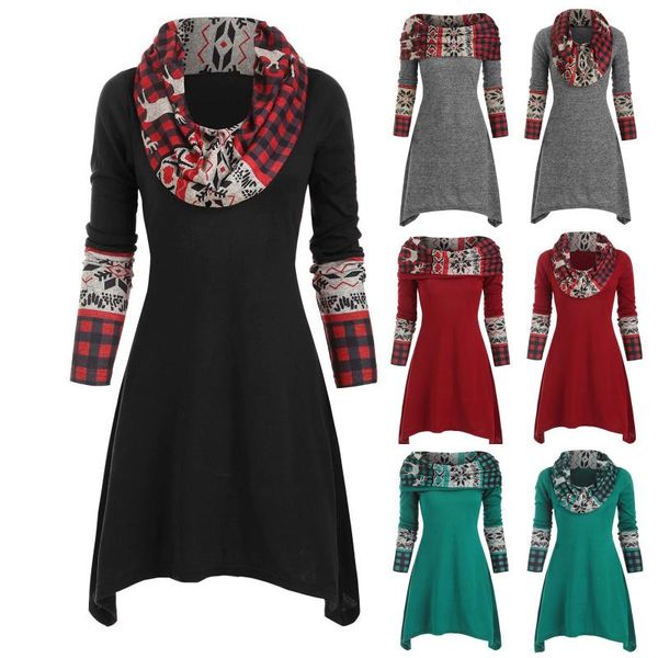

plus size dress autumn winter women turtleneck long dresses color matching o-neck long sleeve pliad print pachwork dresses, Black;gray