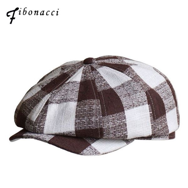 

fibonacci new summer newsboy cap for men women plaid cotton linen beret hat british french vintage caps 201216, Blue;gray