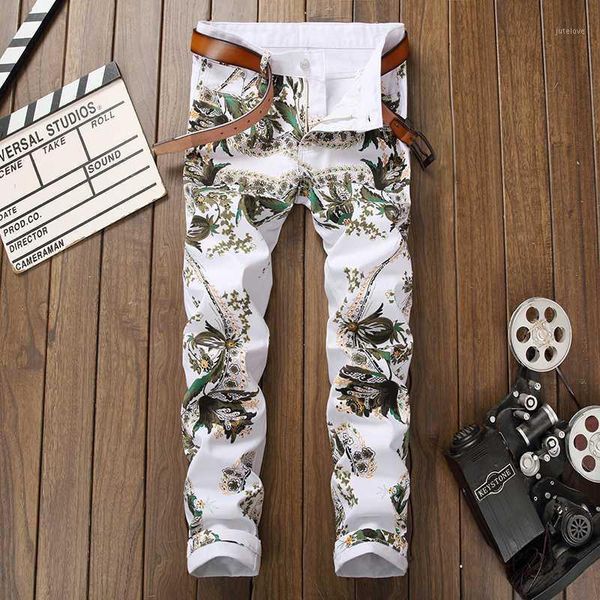 

mens straight printed flower jeans casual printing hip hop streetwear pants slim designer trousers 2020 autumn nightclub pants1, Blue