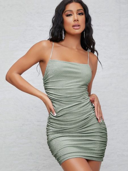 

ruched detail glitter dress 89vk#, Black;gray