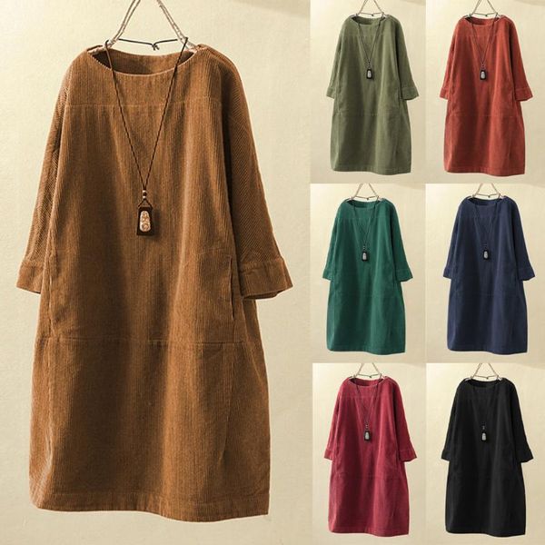 

casual dresses corduroy dress winter ladies long-sleeved retro pocket solid color loose mini, Black;gray