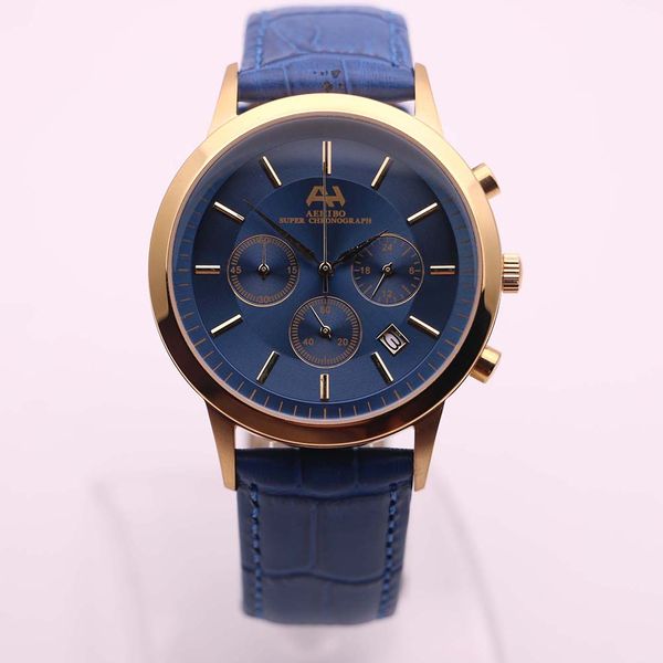 

aehibo quartz battery gold steel case mens watch watches 43mm blue dial super chronograph hardlex wristwatches blue leather strap, Slivery;brown