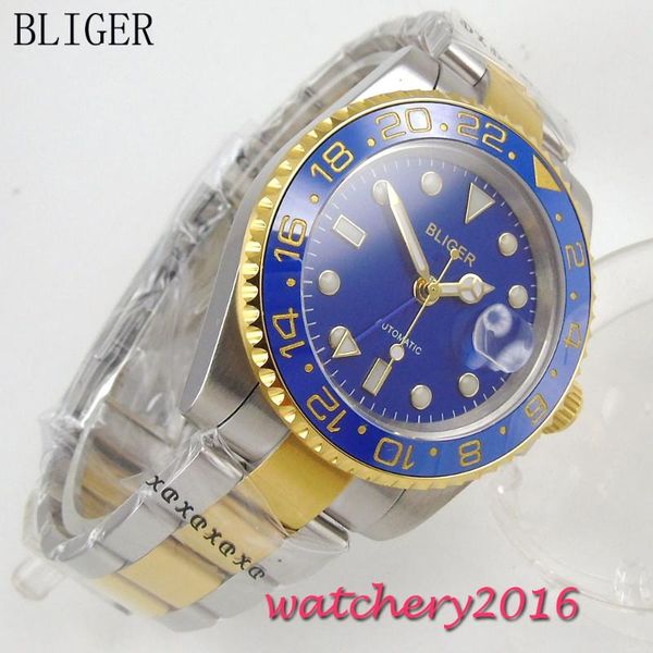 

wristwatches 40mm bliger blue dial luminous hands sapphire crystal golden plated bezel gmt automatic movement mechanical mens watch, Slivery;brown