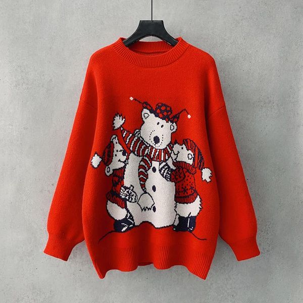 

red christmas sweaters women's o-neck long sleeve pullovers casual loose pullovers girls cute cartoon bears knitted sweaters, White;black