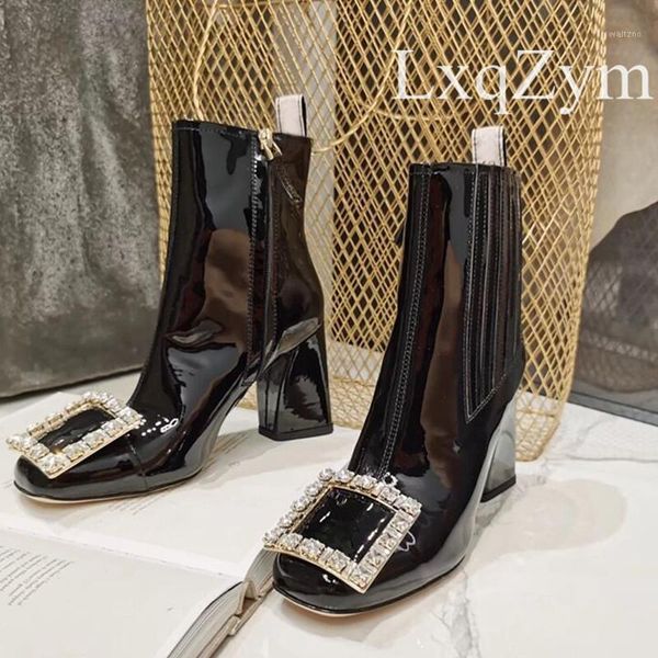 

patent leather crystal metal square buckle high heels ankle boots fashion square toe zipper sewing party dress short boots women1, Black