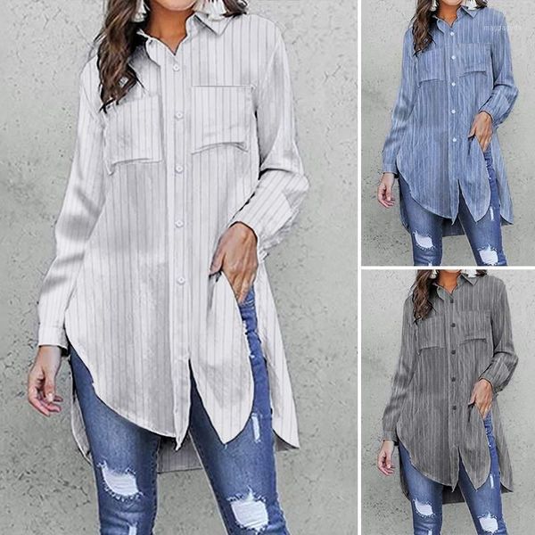 

elegant shirts 2020 celmia women's long sleeve vintage striped blouses fashion lapel pockets party female casual blusas1, White