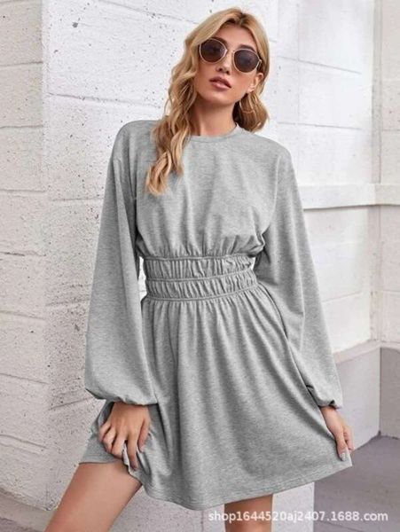 

style solid color waistband medium new length pleated casual dress bottoming shirt long sleeve jacket woman, Black;gray