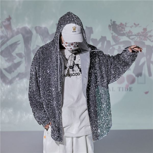 

2021 new hip-hop fashion streetwear men's jacket drops sequins matching disco hoodie stage hoodies harajuku flash suit sell mot9 60lv, Black