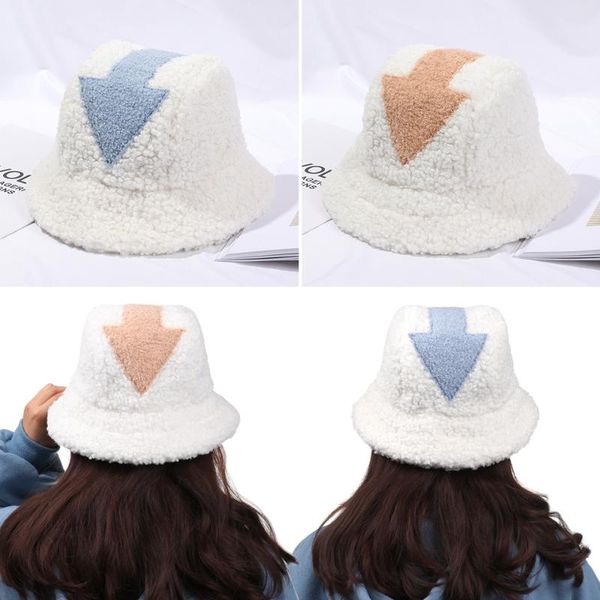

new fashion lamb wool bucket hat winter warm fishing caps faux fur arrow symbol printed bucket hat men women tide flat hats, Blue;gray