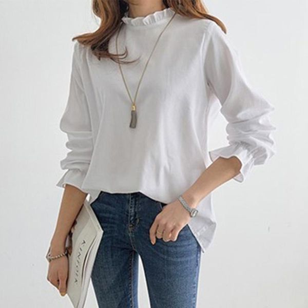

long sleeve plain stand collar white women blouse