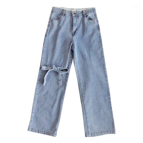 

autumn new casual loose straight-leg pants women's preppy style lace pants bow tie jeans suitable for teenage girls trousers1, Blue