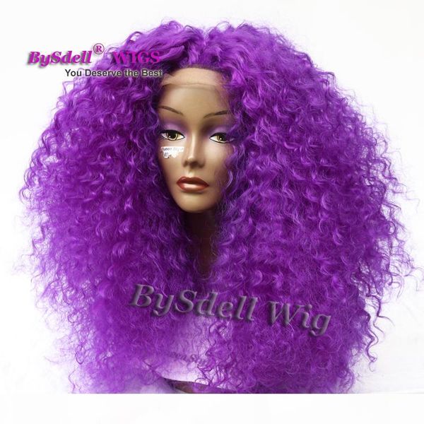 

african american wigs synthetic purple color big afro kinky curly hair front lace wigs for black women lace front wigs