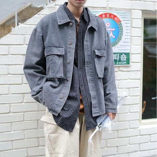 

autumn new denim jacket men's fashion washed solid color casual large pocket denim jacket street hip hop loose bomber1, Black;brown