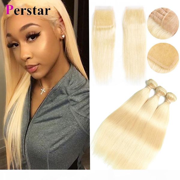 

peruvian straight hair 3 bundles with closure 613 blonde color hair human hair with 4x4 closure ing, Black