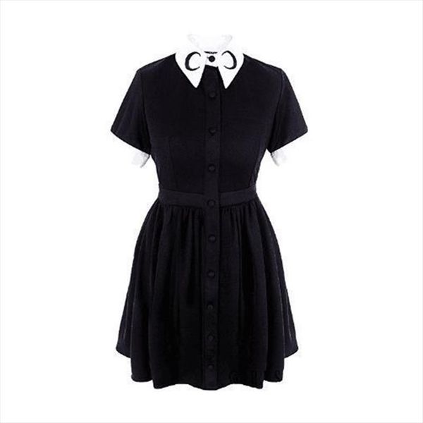

new fashion summer women dresses moon print gothic punk slim fit black button down short sleeve dress party sundress, Black;gray