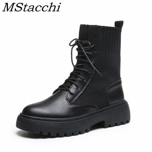 

mstacchi knitting cross-tied women fashion sock boots new solid color platform round toe female shoes enkel laarsjes dames 201125, Black
