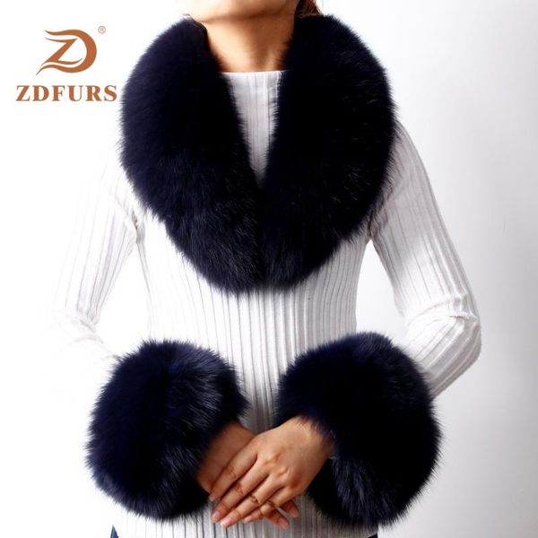 

scarves zdfurs 2021 arrival real fur raccoon collar cuffs women winter fashion and cuff one set1, Blue;gray