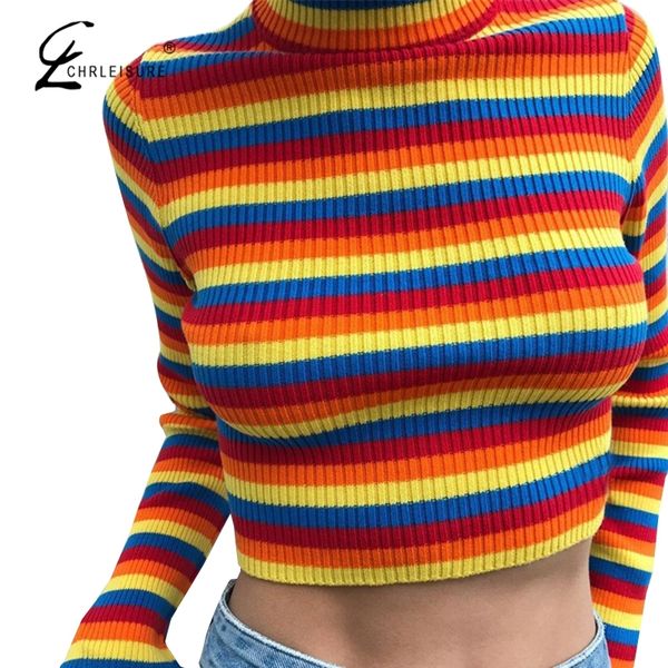 

women's warm sweater female new fashion rainbow sweater ladies high collar short corp femme 201023, White;black