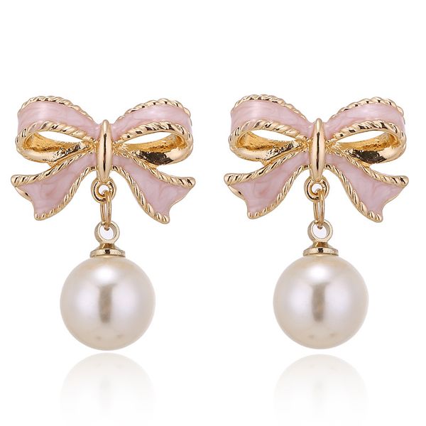 

temperament sweet love drop earrings pink bow pearl personality atmosphere, Silver