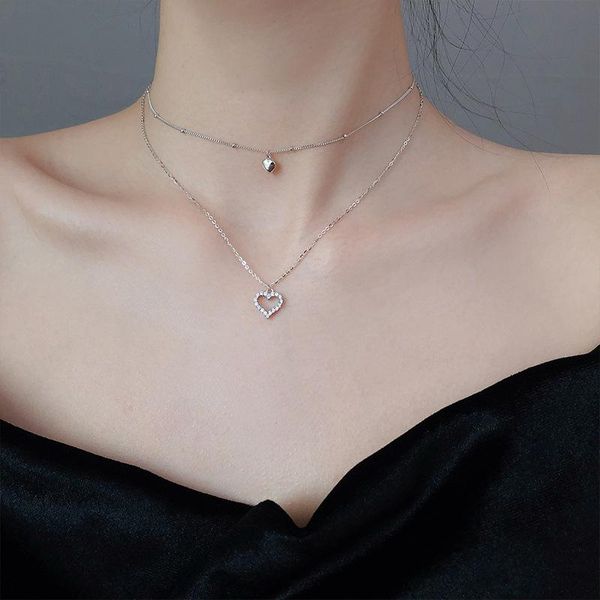 

chains women fashion jewelry dainty 925 sterling silver double layer heart necklaces with micro pave zircon collares for