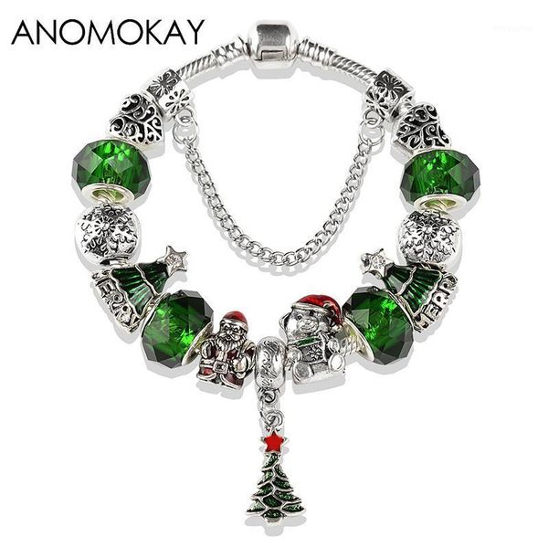 

2020 classic green christmas tree diy charm bracelet silver plated snowflake santa bear bead xmas bracelet for kids gift bijoux1, Golden;silver