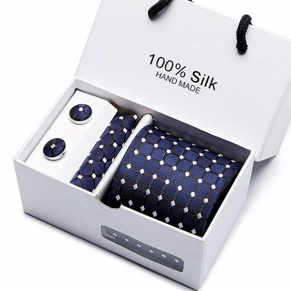 

gift box packing men necktie pocket square wedding mens neck ties silk tie set cufflinks handkerchief, Black;gray
