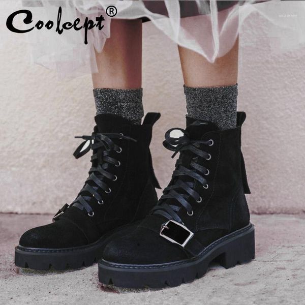 

coolcept women ankle boots winter genuine leather brand new designer shoes women buckle casual flats footwear size 34-391, Black