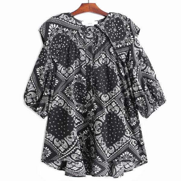 

sailor collar totem printed chiffon women shirts loose plus size women fashion 2020 summer, White