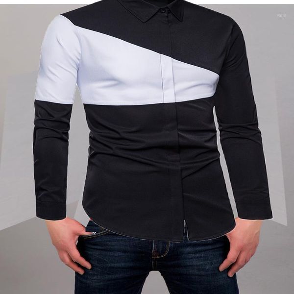 

plus size oversized long sleeve patchwork contrast block slim shirt men blouse streetwear hip hop fashion office casual 20201, White;black