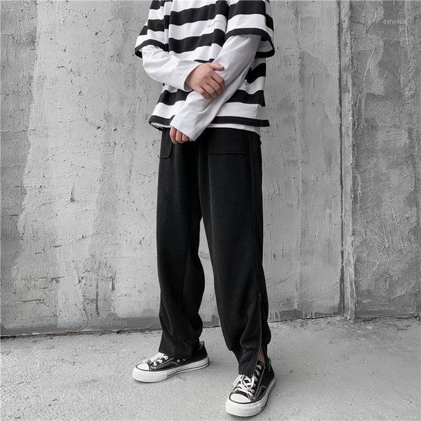 

sweatpants men's fashion solid color cotton casual pants men streetwear joggers track pants hip hop loose zipper straight1, Black