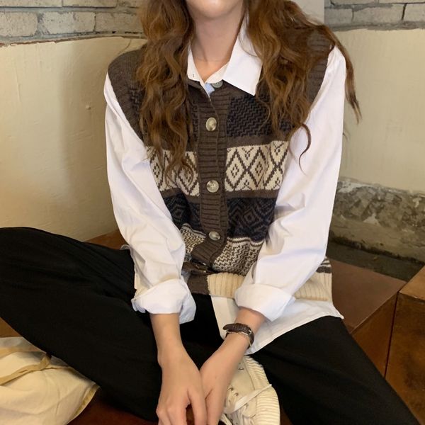 

2 colors spring autumn vintage style plaid single breasted buttons vest sweater womens knitted sweaters cardigan womens (c8637) 201120, White;black