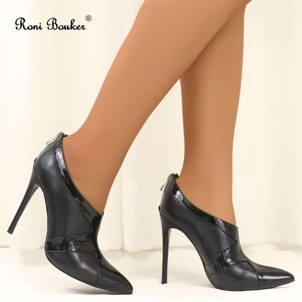 

roni bouker fashionable design women's pointed high heel shoes women zipper short boots woman genuine leather ankle booties, Black