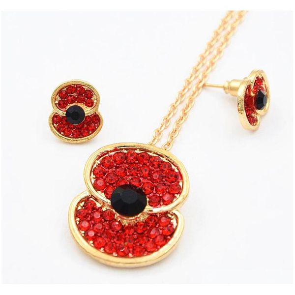 

stunning crystals red poppy necklace and earrings sets for uk remembrance day gift selling tzi1q, Silver