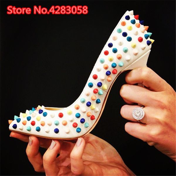 

fashion delivery women multi-coloured white lady bombs studded spikes toe pointy heels high shoes 12 8 cm 2pxy, Black