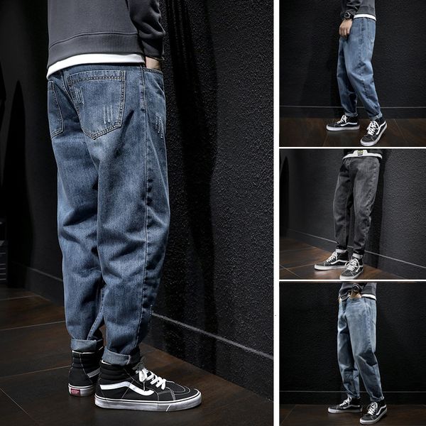 

2021 new japanese vintage fashion loose fit harem pants hombre wide leg trousers streetwear hip hop jeans men jb5u, Blue